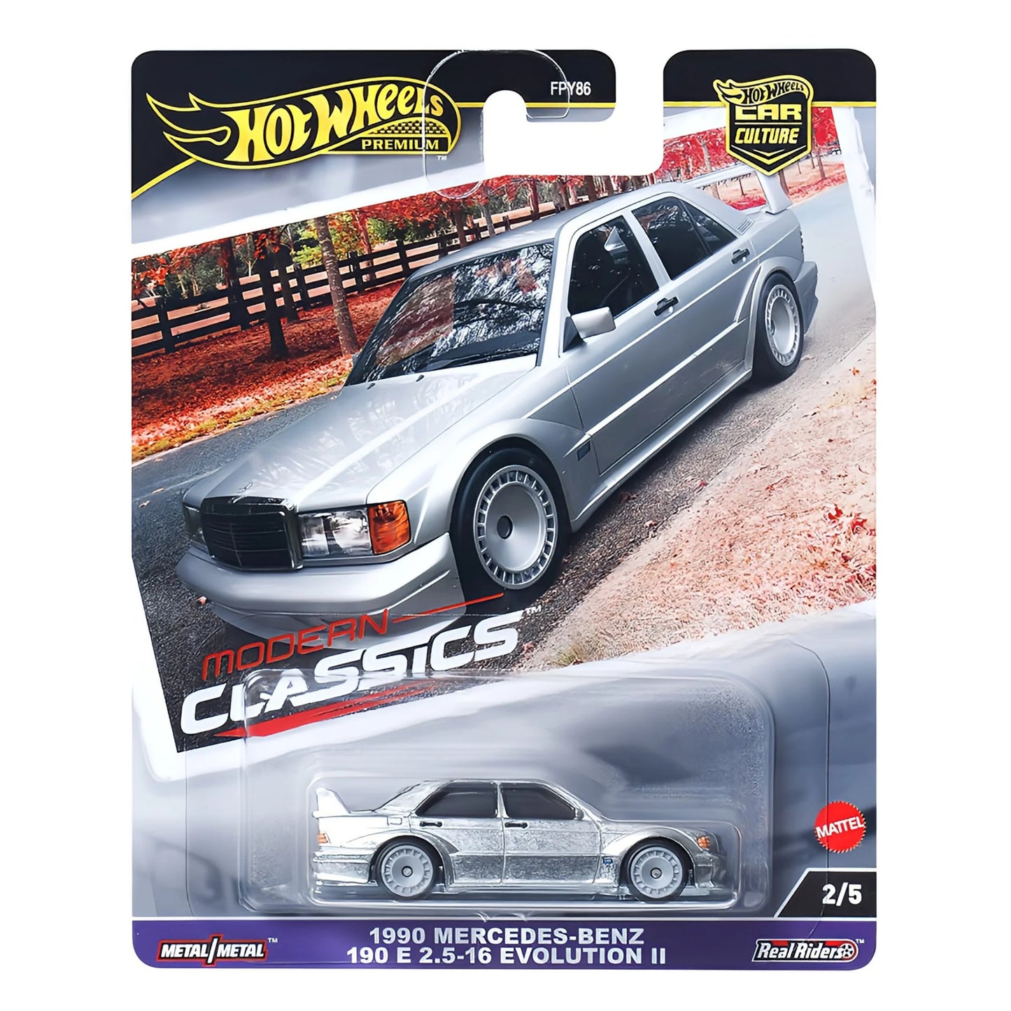 Hot Wheels 1990 Mercedes-Benz 190 E 2.5-16 Evolution II Edición Coleccionista 1/64 Real Riders Modelo de coche de metal fundido a presión FPY86-9C1E