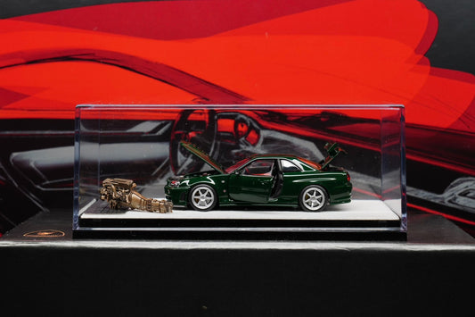 Nissan GTR-R34 PGM 1:64, maqueta de aleación completamente abierta. ¡Color verde británico retro! ¡Incluye pieza de exhibición del motor! ¡Limitado a 999 unidades! 