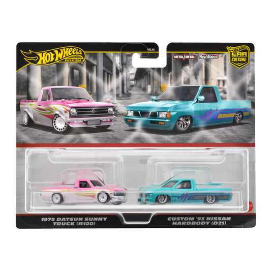 Hot wheels 1:64 1975 Datsun Sunny Truck (B120) & Custom '93 Nissan Hardbody (D21) HBL96-HRR78